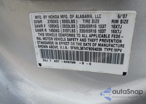 2007 Honda Odyssey Ex-L z USA, uszkodzony, nr VIN 5FNRL38747B094039
